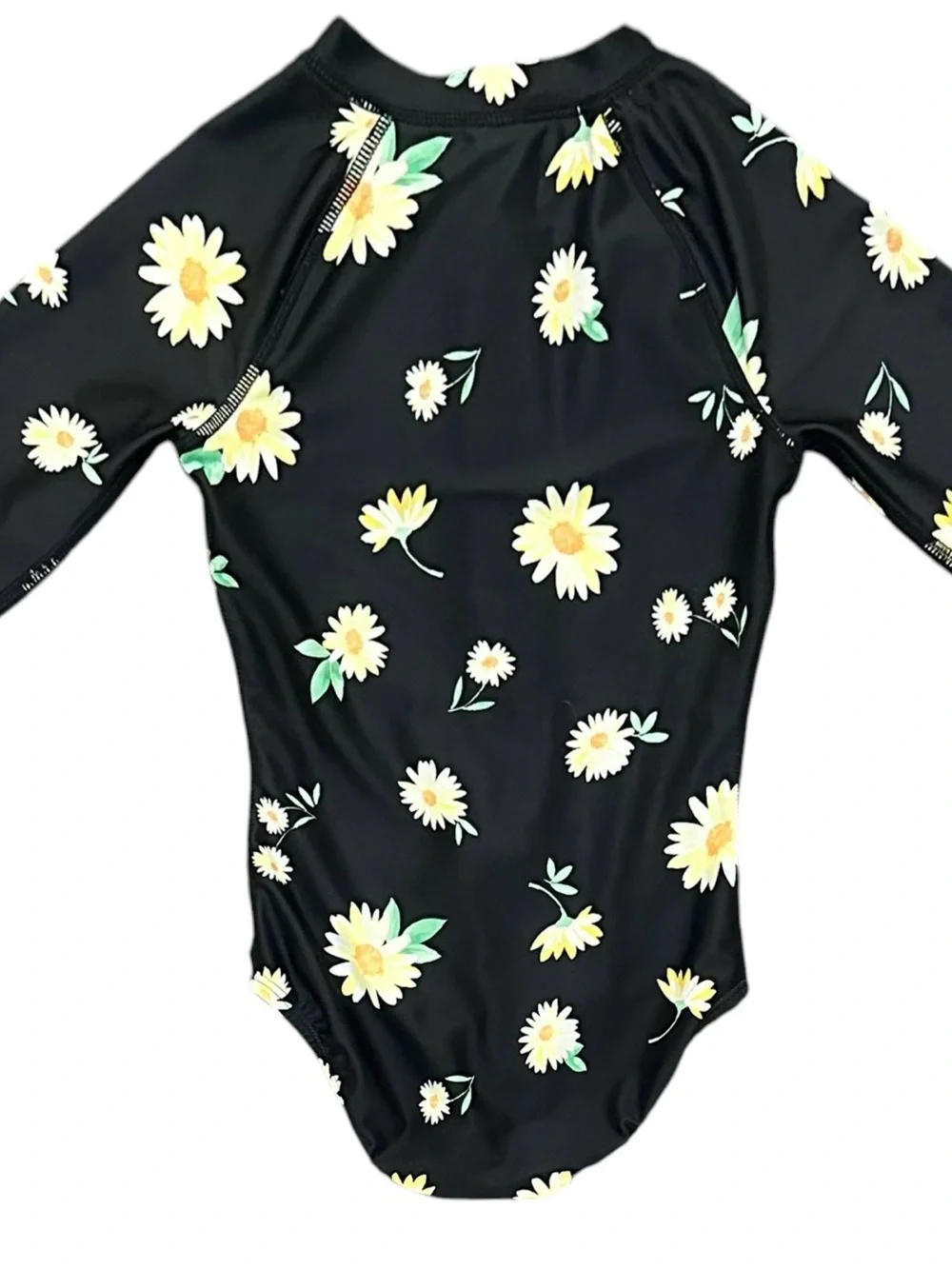 Old Navy Black Daisy Print Long Sleeve Rashguard One-Piece Swimsuit - Size 6-7